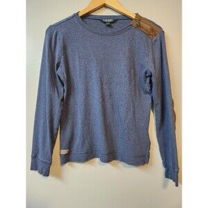 Lauren Ralph Lauren Shirt Women M Blue Faux Leather Elbow Patch Zip Shoulder